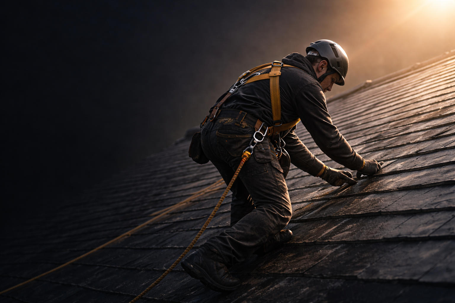 Couvreur au travail sur toit en ardoise